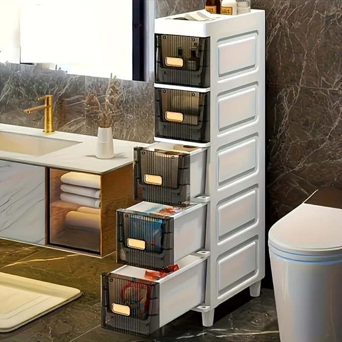 Image of LDQ Slim Storage Cabinet with Drawers - Durable Waterproof PP Organizer for Bathroom /Kitchen /Health - Small Spaces, Snacks, Display & Retail (5layers)