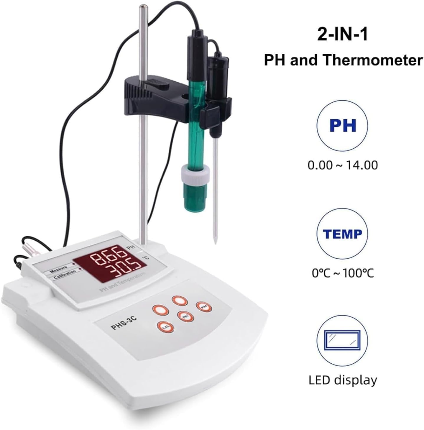 Stołowy miernik PH, laboratoryjny cyfrowy tester PH i temperatury z wyświetlaczem LED, wysoka dokładność 0,01 pH, 0-14pH/0-100℃, 2-punktowa automatyczna kalibracja