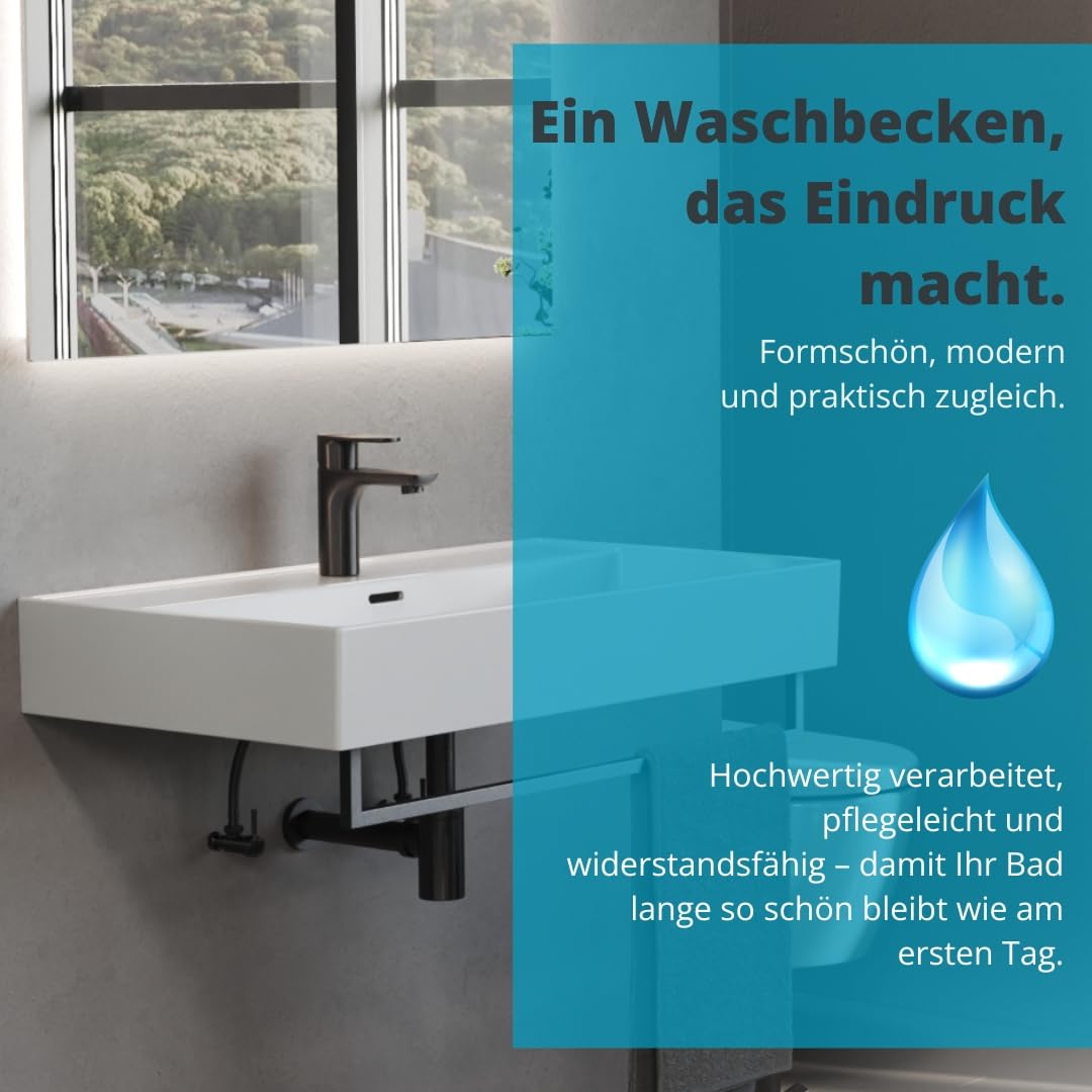 Aqua Bagno lavabo cerámico 80 cm blanco – lavabo encimera rectangular para baño, diseño moderno con borde fino, superficie fácil de limpiar, montaje en pared o sobre encimera | También como lavabo superior, con orificio para grifo, borde fino de 8 mm, mon