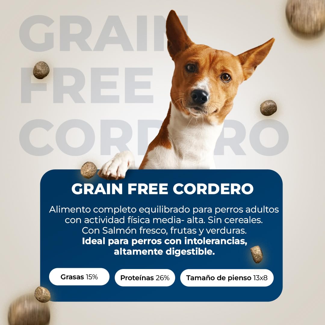 Pienso para Perros Adultos sin Cereales de Cordero Fresco - Alimento Natural e Hipoalergénico, Monoprotéico para Perros con Alta Actividad Física - Grain Free - 12kg - Lobo Azul Cordero