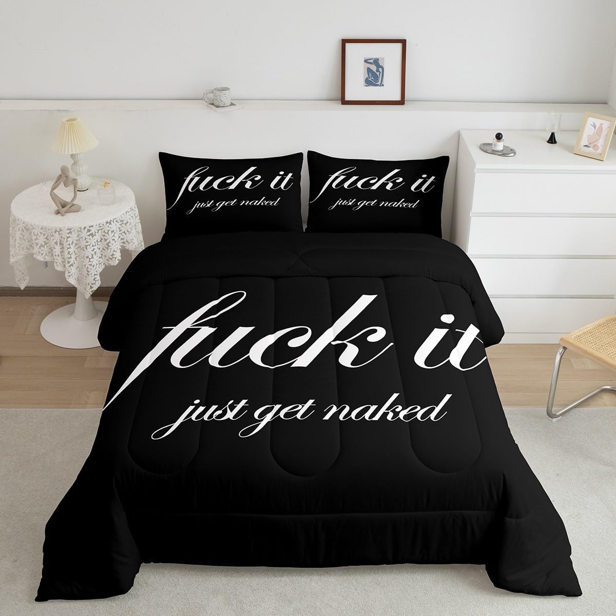 Feelyou Funny Quotes Comforter Set Get Naked Comforter for Couple Lover Men Women Romantic Bedding Set Black and White Creative Words Duvet Set Room Decor 3Pcs with 2 Pillow Case Queen Size