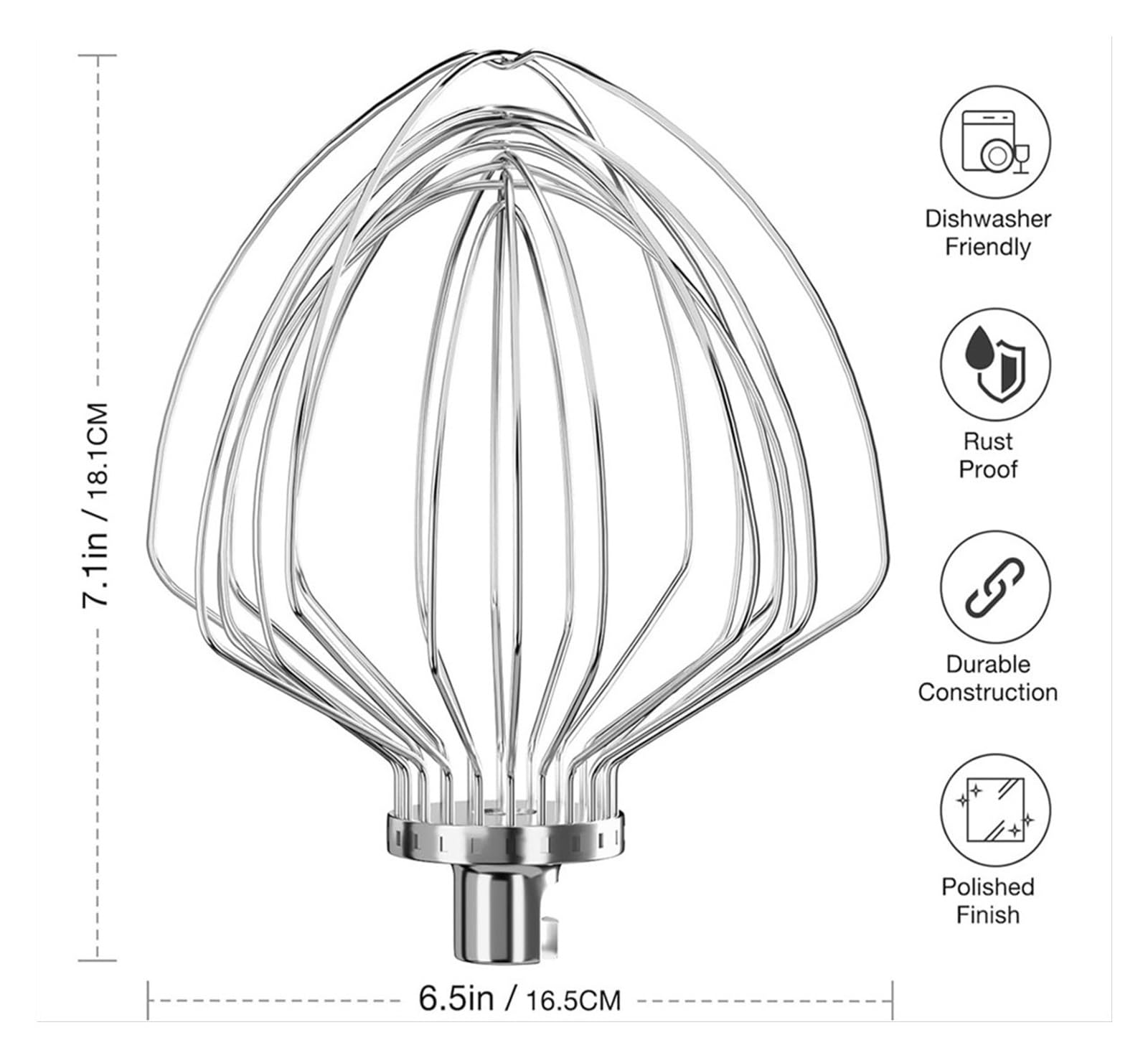 KN211WW 11-Draht-Peitschenaufsatz Aus Edelstahl, Kompatibel Mit Bowl Lift Mixer 7QT Bowl Replacement Egg Beater Whisk