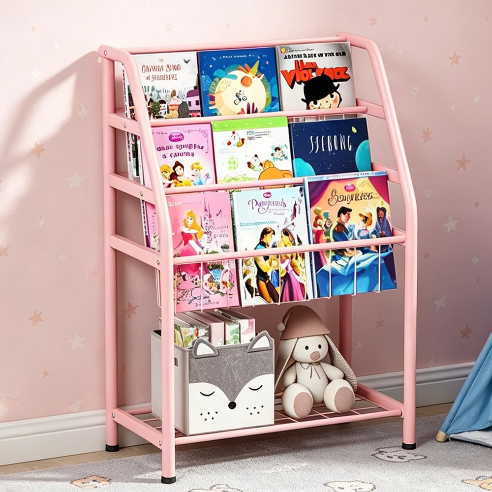 Rainbow Tree 4-Tier Metal Kids Bookshelf, Sling Bookshelf with Toy Organizer, Children Bookcase for Playroom Nursery Bedroom, Montessori Classroom Shelf