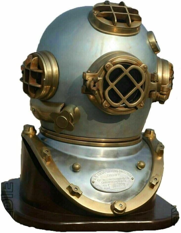 Generic Medieval Diving Divers Big Helmet Wooden Base U S Navy Sky Blue Mark V Replica, As shown in image