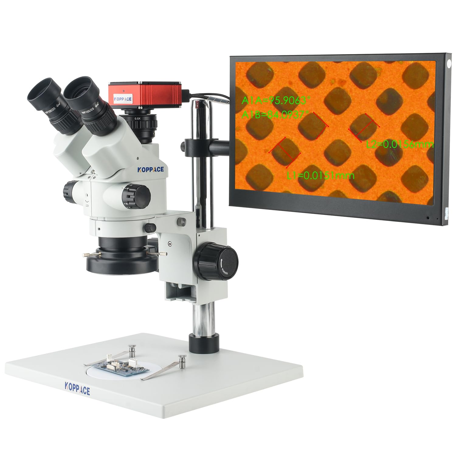 KOPPACE 14X-95X Stereoscopic Electron Measurement Microscope 2K HD HDMI Camera Including a 13.3-inch HDMI Monitor