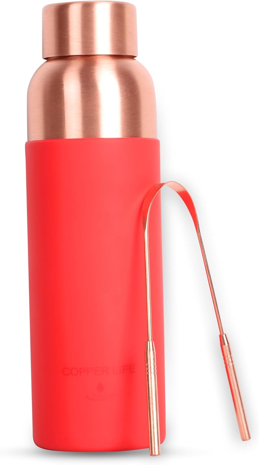 34 Ounces Pure Copper Water Bottle | Handcrafted, Leak-Proof, Eco-Friendly, Health-Boosting Bottle with Silicon Grip | Stylish, Reusable, Perfect for Hydration & Wellness (Red Silicon Grip)