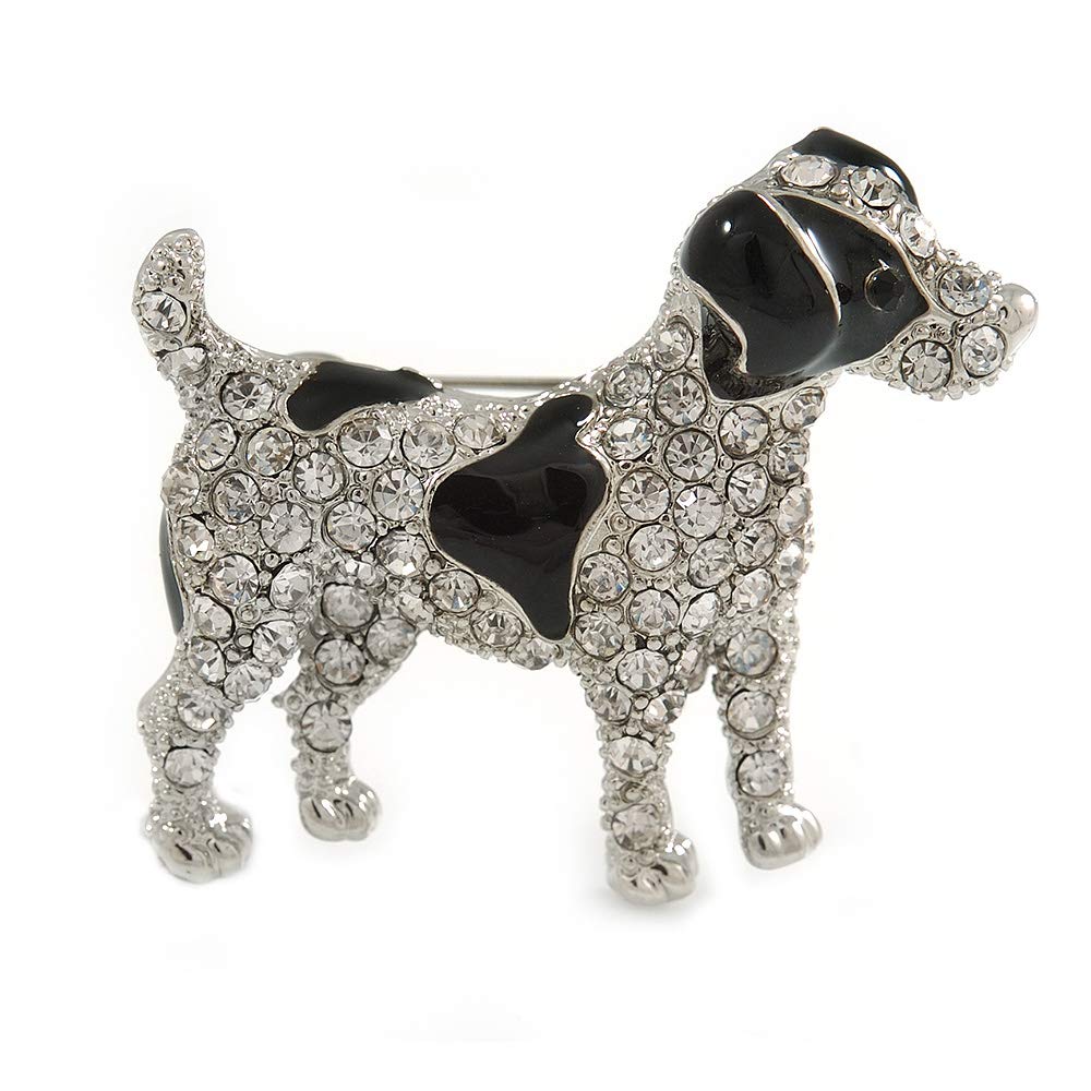 AvalayaClear Crystal with Black Enamel Spots Jack Russell Terrier Dog Brooch In Silver Tone Metal - 40mm Across