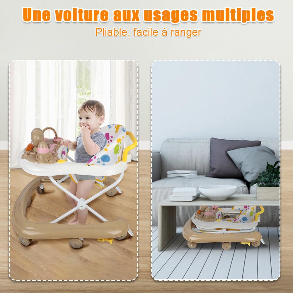 5 en 1 Trotteur Bébé avec 5 Hauteurs Réglables, Trotteur Bebe Marche Pliable avec Plateau d'activités Musical Amovible, De 6 à 18 mois, Jusqu'à 12 kg (5 en 1, 62x68x36-81 cm, Kaki)