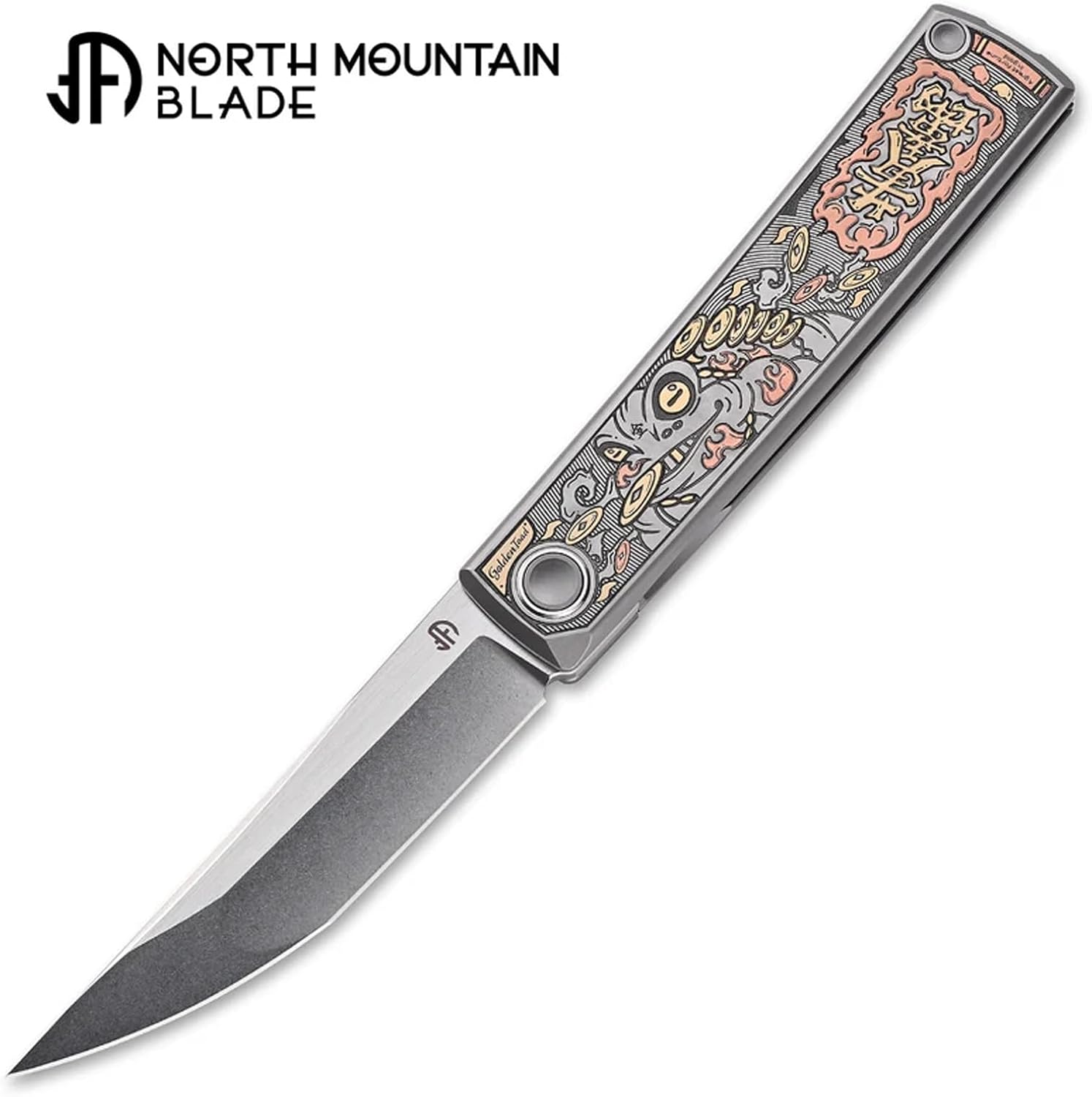 Folding Pocket Knife for Men,KAIKEN The "Golden Toad" Custom Folder "Zhao Cai Jin Bao",3.5" M390 Steel Titanium Handle Japanese Tanto Profile,Front Flipper Deployment Pocket Knife for Outdoor Camping EDC