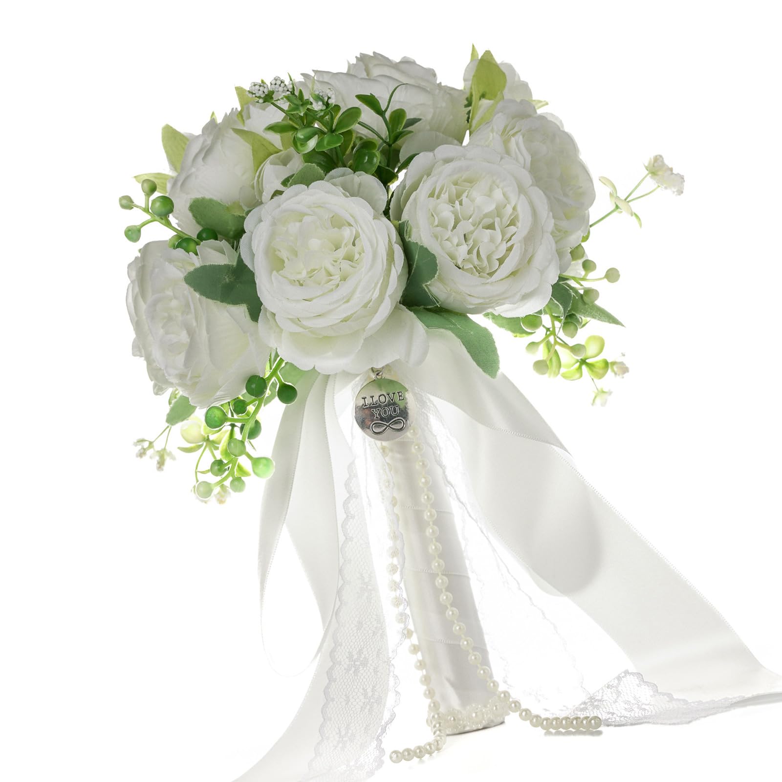 Piceioep Artificial Rose Arrangement White Green Color Everlasting Wedding Keepsakes for Bride Maid Photo Realistic False Rose Bridal Flowers