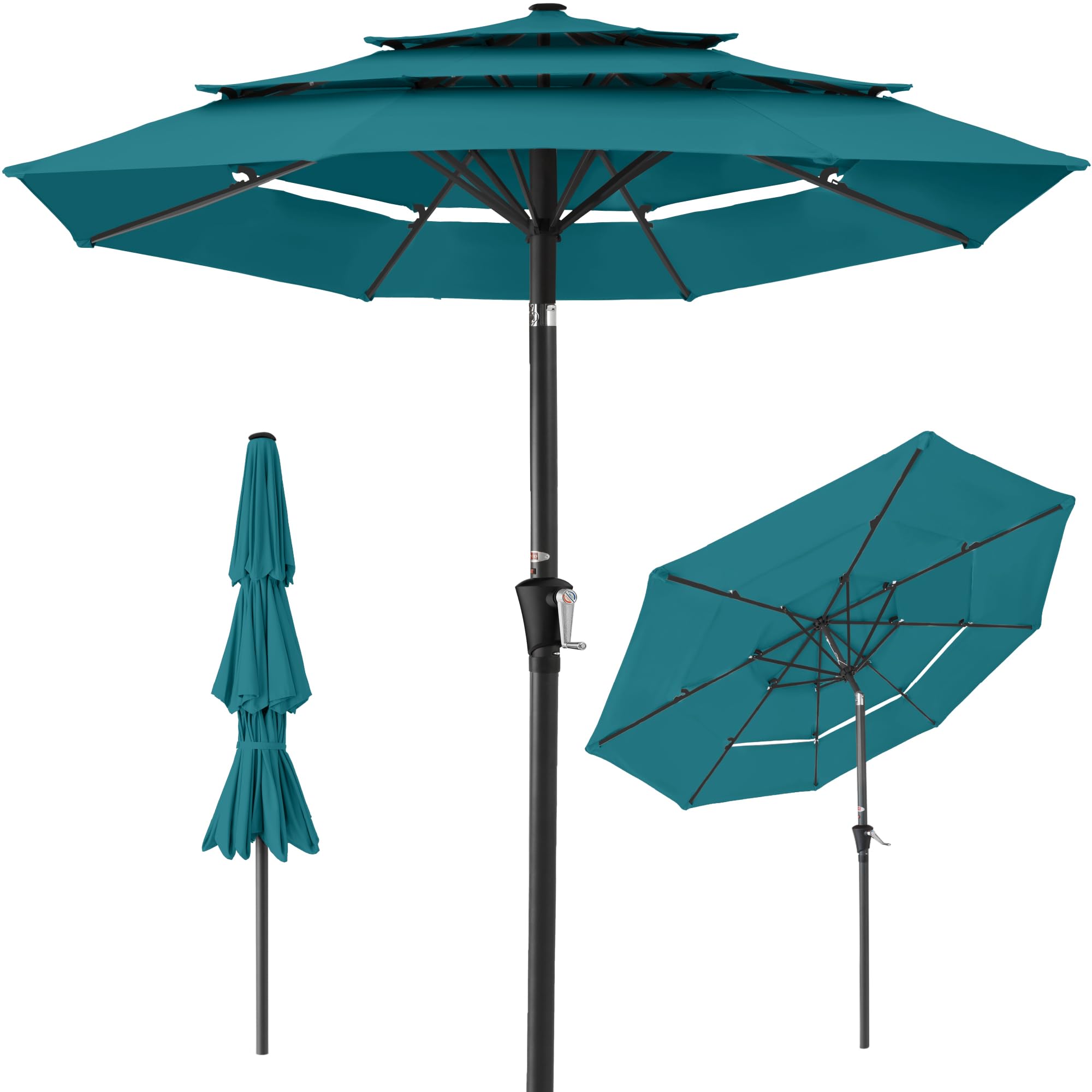 Best Choice Products 10ft 3-Tier Patio Umbrella, Outdoor Market Sun Shade for Backyard, Deck, Poolside Lights, Tilt Adjustment, Easy Crank, 8 Ribs