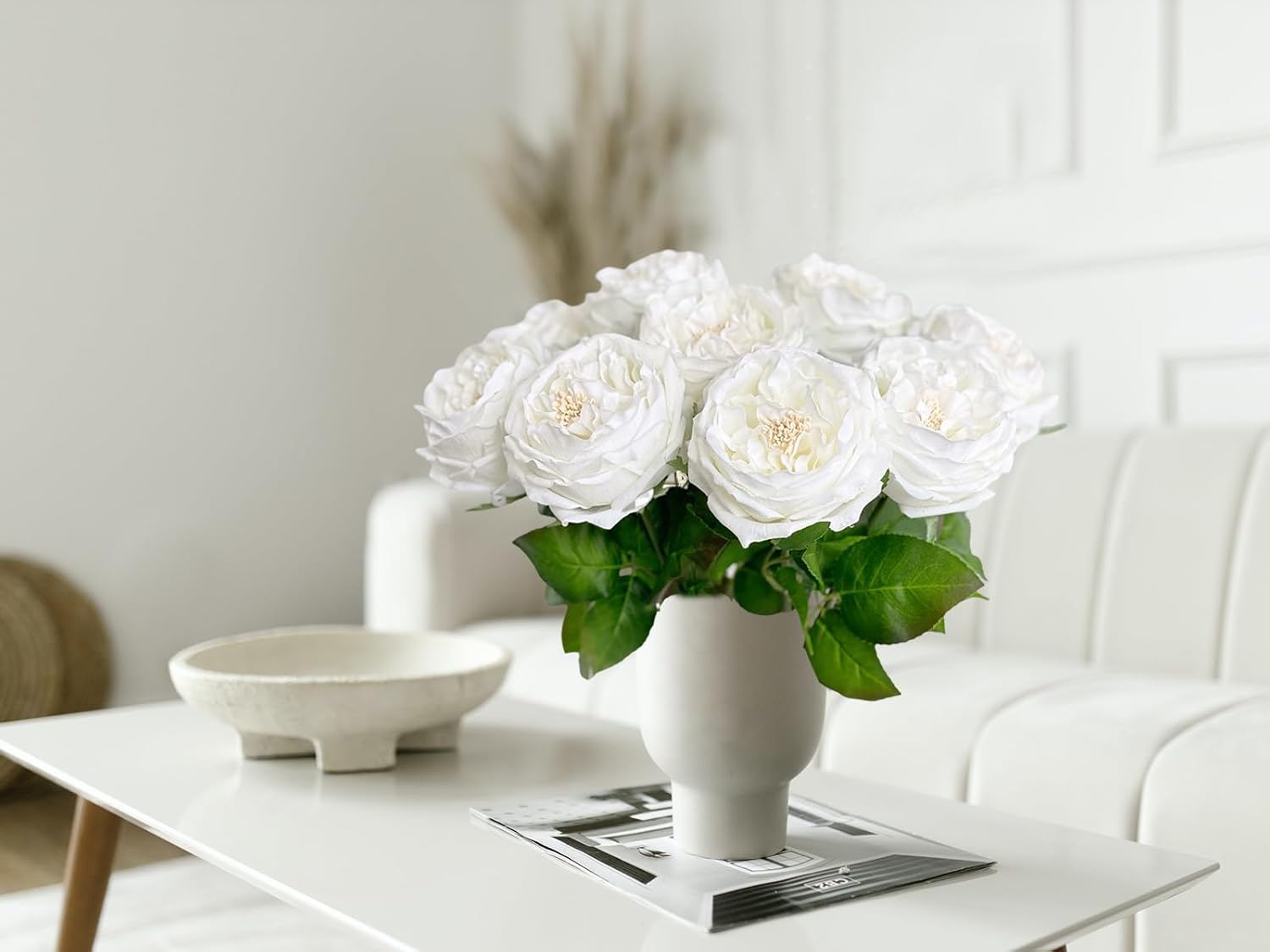 YalzoneMet 3.5'' Big Bloom White Rose Artificial Flowers 4Pcs Real Touch Rose Faux 17.7 Inch Long Stem Austen Roses Peonies Fake Flowers for Home Kitchen Party Christmas Flower Wedding Decor - Image 8