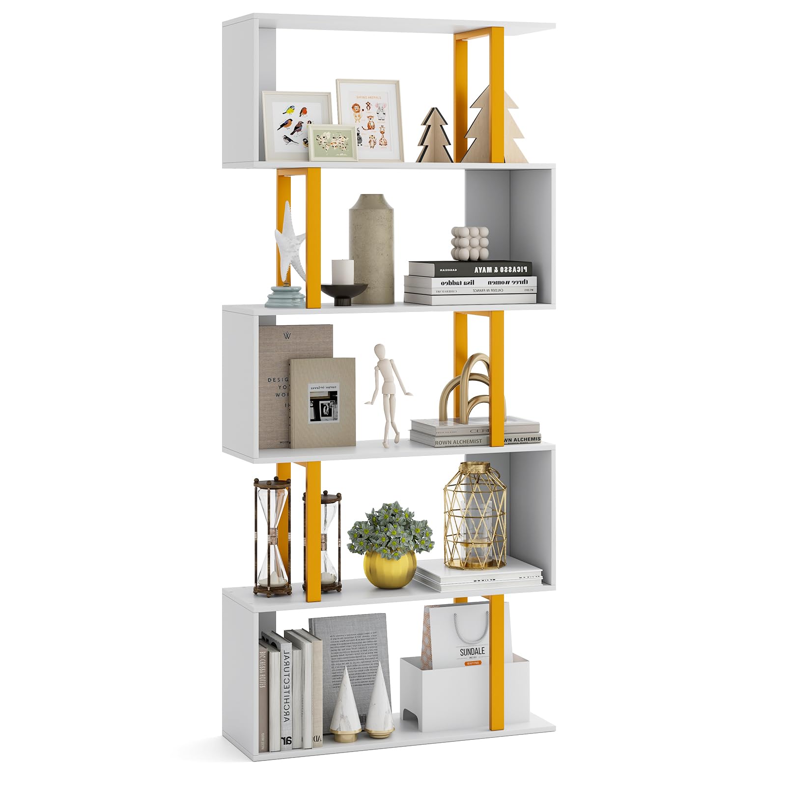 COSTWAY Libreria a 5 Livelli in Legno, Scaffale con Struttura in Metallo, Forma di S, Librerie Salvaspazio Divisorio per Soggiorno Ufficio e Studio, Carico 120kg (70 x 24 x 157 cm)