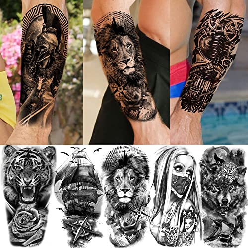 Bilizar 63 Sheets Tribal Wolf Lion Tiger Temporary Tattoos For Men Women Adults, Scary Halloween Skull Gangster Fake Tattoo Stickers Kids, Small 3D Realistic Tattoos Thigh Arm Neck Elephant Warrior #TOP2