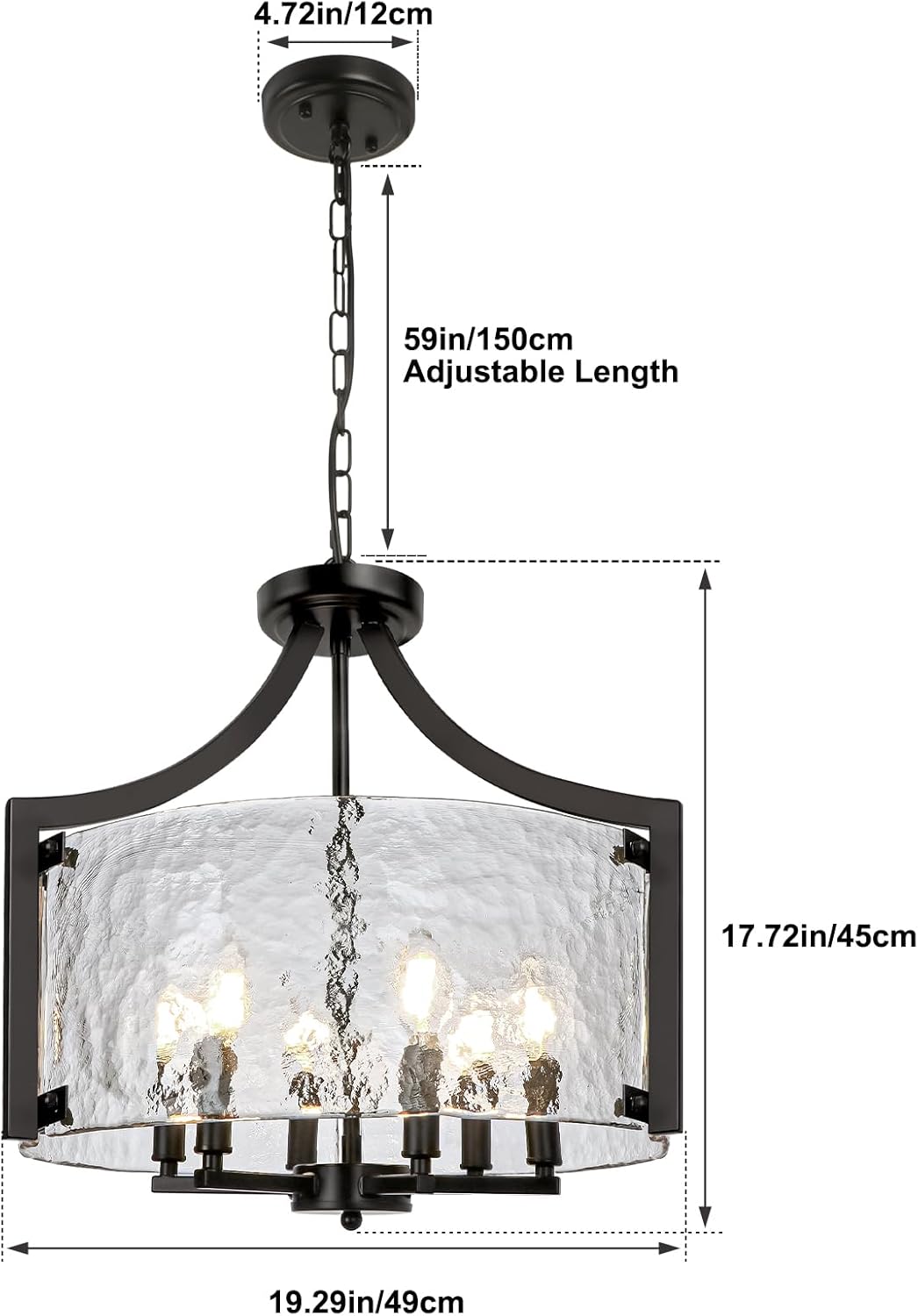 6-Light Black Chandelier, Glass Hanging Pendant Lighting, Convertible Semi Flush Mount Ceiling Light Fixture Modern Textured Glass Chandeliers for Dining Room Kitchen Foyer Entryway