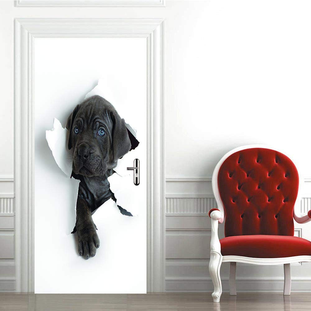 Papier peint porte trompe l'oeil chiens pour une ambiance de salon chaleureuse