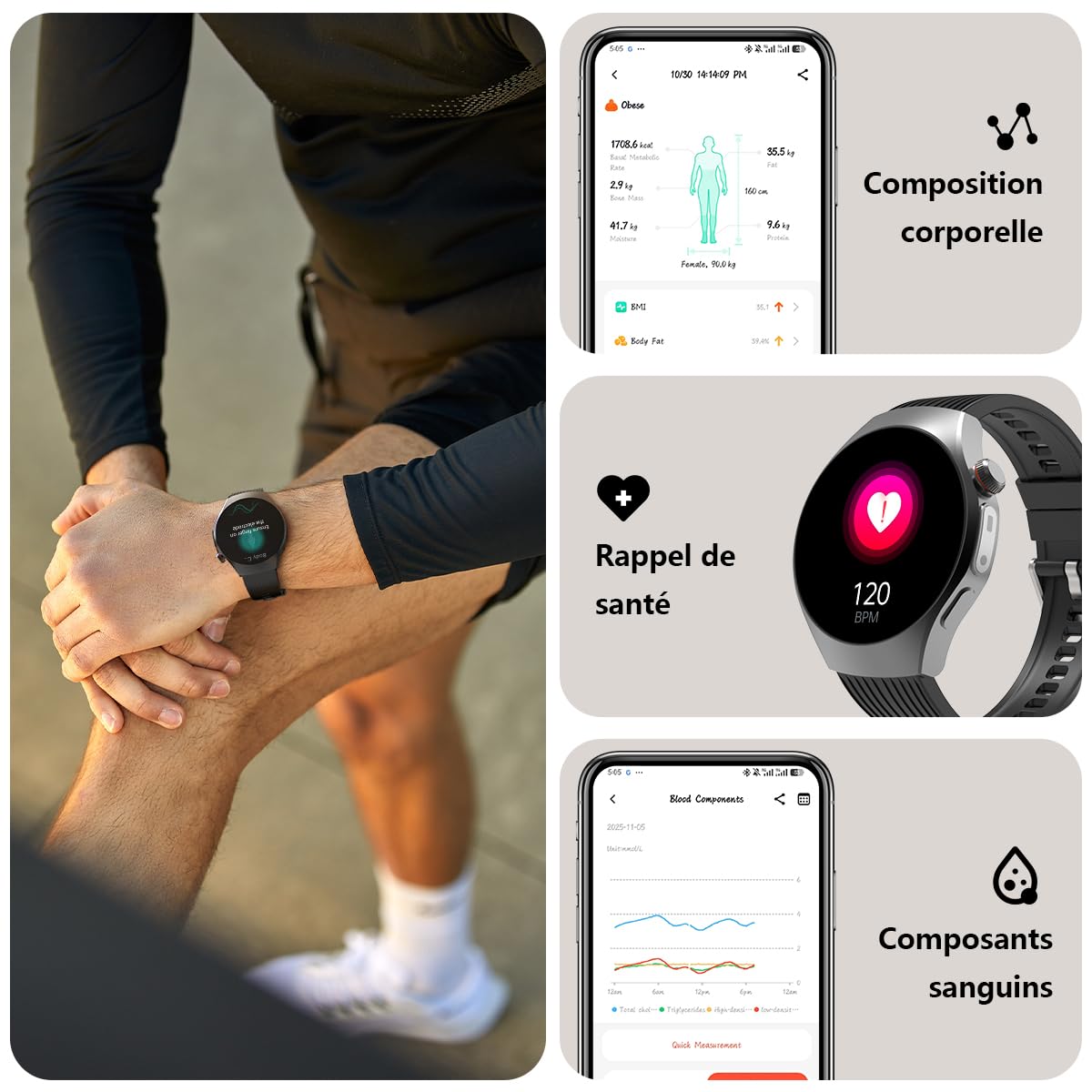 Montre Connectée Fitness Hommes Femmes ECG/Fréquence Cardiaque/Pression Artérielle/Calories/Moniteur Sommeil Tracker Activité 1,56 AMOLED Appels Bluetooth 14 Jours Autonomie