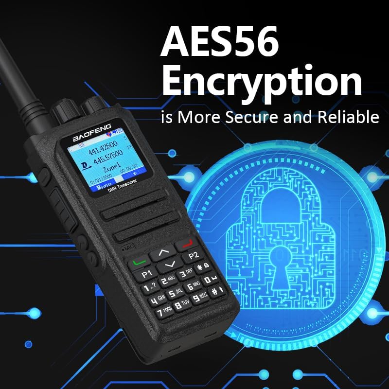BAOFENG DM-1701A radio with an overlay of a padlock and circuit board, indicating AES56 Encryption.