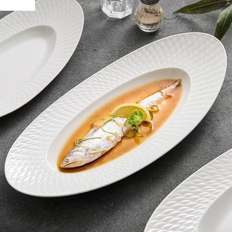Plato de Pescado de cerámica con Textura escamosa, Plato de Postre Ovalado, Plato de Dim Sum, Plato de Sushi, vajilla, Platos para la Cena (tamaño único de 19,4 Pulgadas)