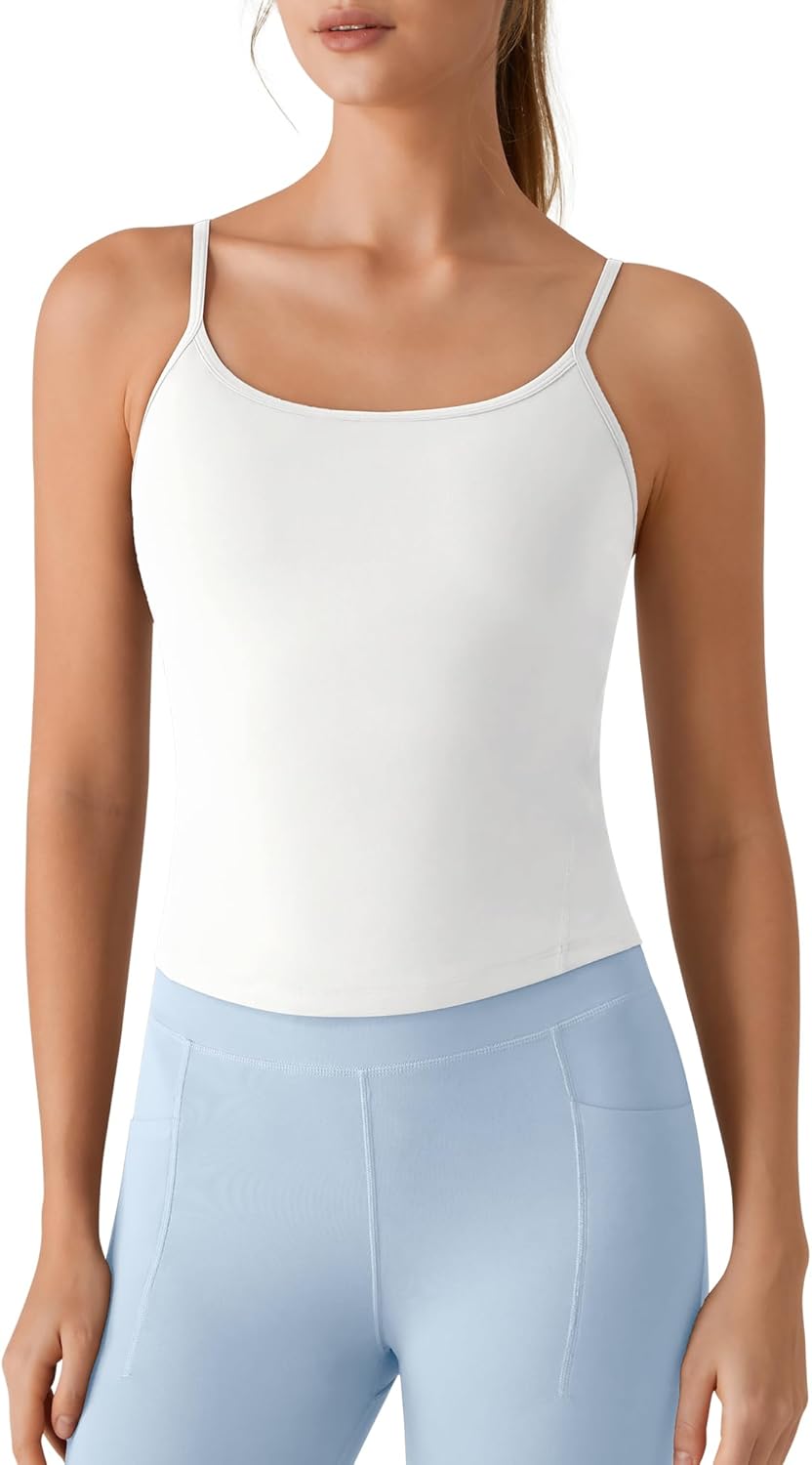 G4Free BareFeel Women's Built in Bra Camisole Tank Tops Removable Padded Spaghetti Strap Square Neck Casual Yoga Pilates Top