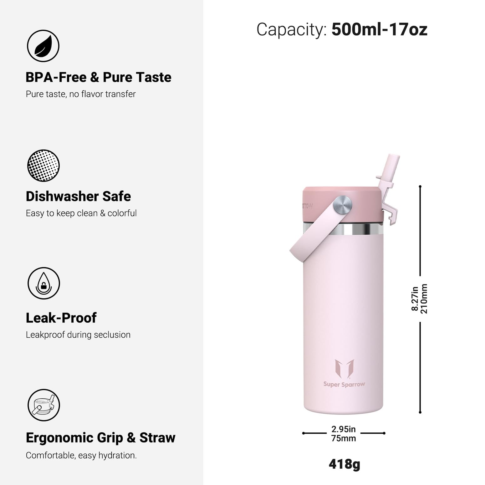 Sparrow Kids Insulated Water Bottle with Straw 500ml Metal Water Bottles, Pink, 500 ml - Image 3