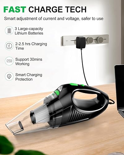 Miniatura 6 de Aspiradora de coche de alta potencia, aspiradora portátil inalámbrica recargable con tecnología de carga rápida, motor enorme y batería de gran