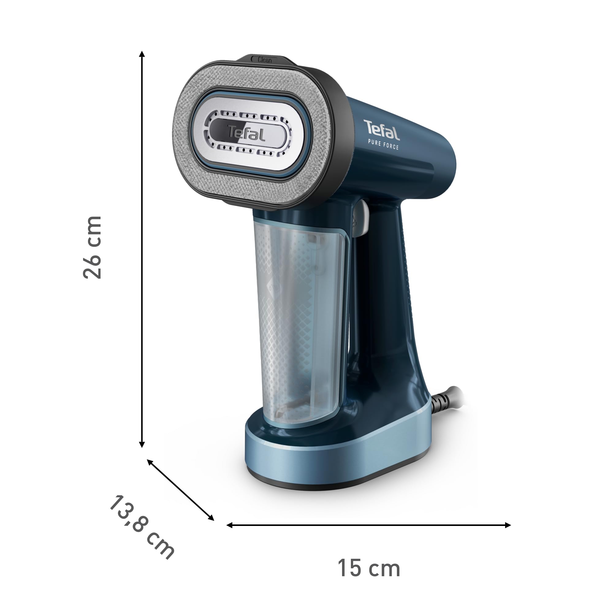 Tefal Pure Force DT8755E0 Défroisseur vapeur 3 en 1, semelle en céramique, débit de vapeur 35 g/min, effet pressing 90 g/min, 4 niveaux de vapeur, côté anti-peluches, réservoir d'eau amovible 180 ml