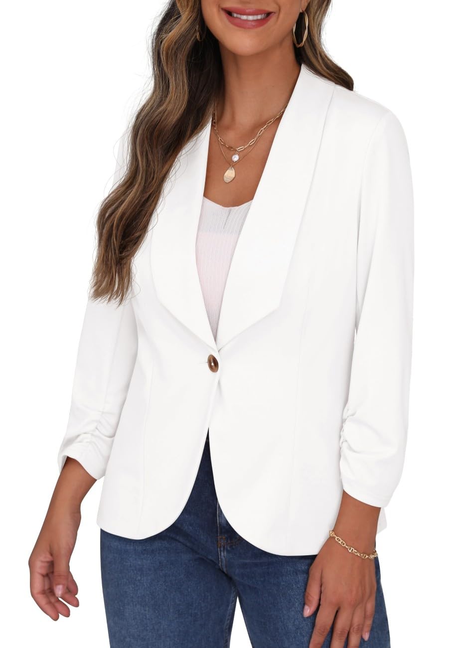PrinStory Blazer da donna con colletto a risvolto 3/4 maniche increspate giacca con un bottone cardigan corto blazer da ufficio abbigliamento casual