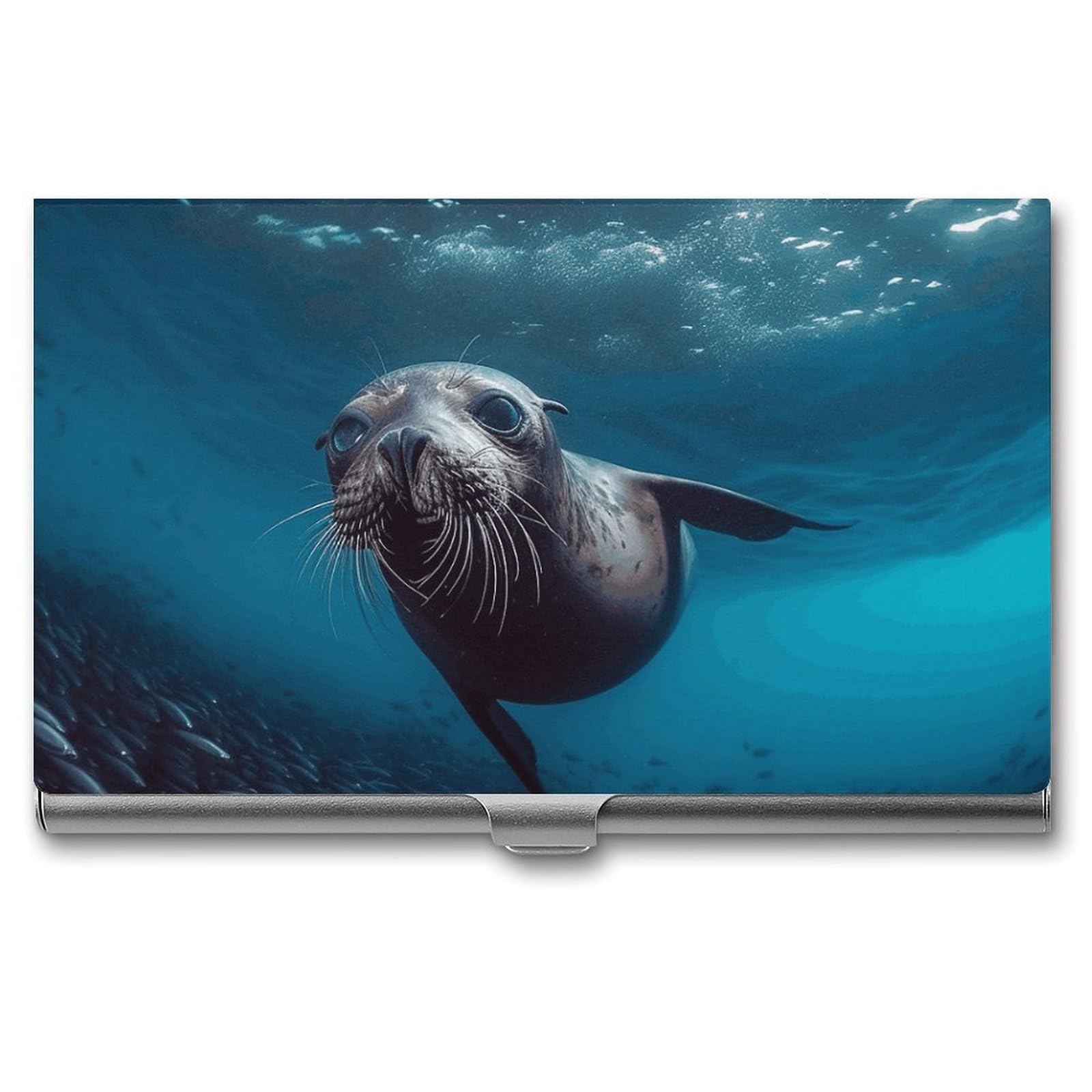 DWVTSLH Underwater Sea Lion Business Card Holder, Slim Portable Metal Business Card Case Pocket Wallet Professional Name Cards Holder for 22-30 Cards, Credit Card ID Case/Holder for Men Women