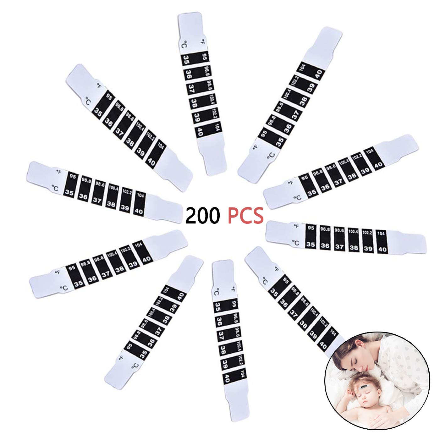 Reofrey 200 Piezas Tiras Termómetro Para Frente Del Bebé Leer Tiras Termómetro Frente Reutilizables Para Comprobación De La Temperatura Del Bebé Ni?o Adulto, 35 ° C (95 ° F) a 40 ° C (104 ° F) 012