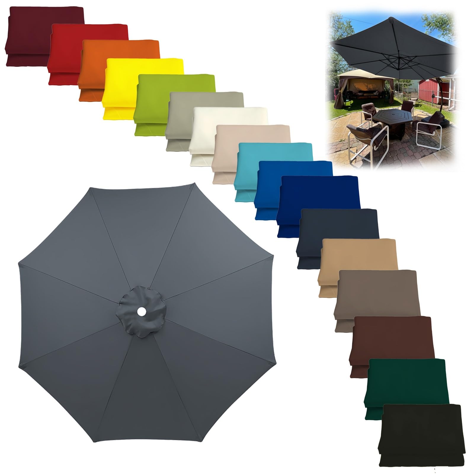 300CM/9.8FT Outdoor Patio Umbrella Replacement Canopy, 8 Ribs Umbrella Canopy Cover Replacement Fabric, 270CM 230CM Parasol Table Market Yard Umbrella Replacement Top Cover(Gray,300CM-9.8FT)