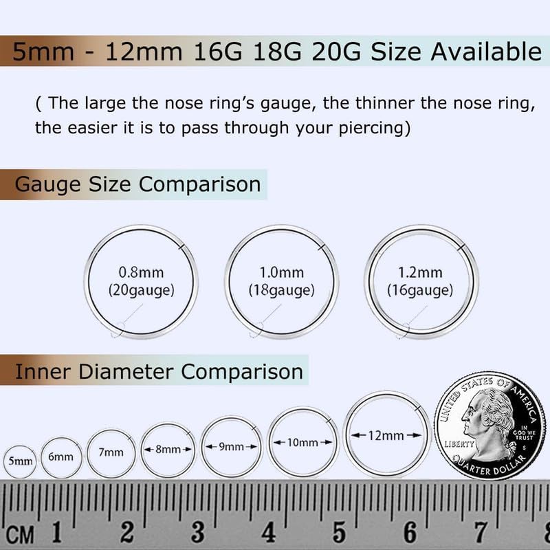 Titanium Nose Rings 20G 18G 16G Nose Rings Hoops Septum Clicker Hinged Segment Ring Cartilage Helix Tragus Conch Daith Rook Hoop Earring, Diameter 5mm to 12mm Silver-Gold-Rose Gold-Black Hoop Ring - Image 5