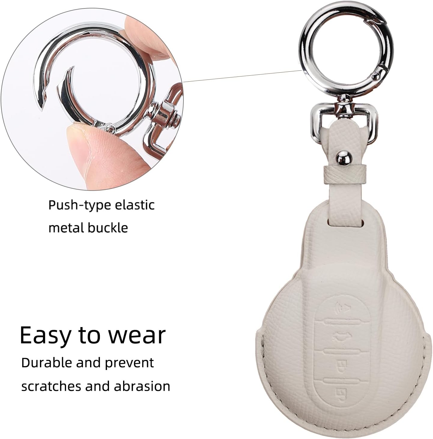 Leather Key Fob Cover with Keychain, Compatible with BMW Mini Cooper S, D, SD, F54-F61, R55-R61, S Roadster Smart Key (White)