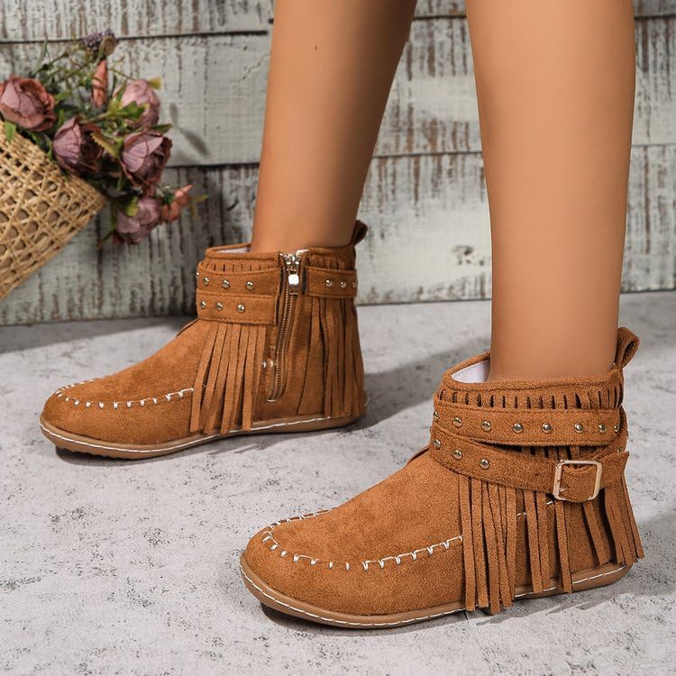 Women's Western Cowboy Boots, Tassel Faux Suede Booties Retro Comfortable Flat Round Toe Fringe Buckle Strap Ankle Boot Low Heel Slip On Short Boots Winter Snow Shoes for Ladies3