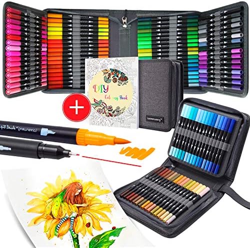 LANRENWENG 100 Colors Duo Tip Brush Markers Art Pen Set, Fine Brush Tip Colored Pens Set with Canvas Bag,Markers Gift for Adult Coloring Books Drawing Sketching Bullet Journaling Calligraphy