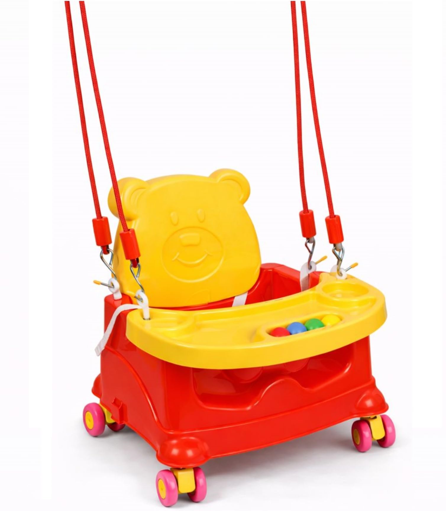 Braintastic Baby Booster Seat Cum Hanging Swing for Kids | 2-in-1 Multipurpose Toddler Feeding Chair with Tray, Rope & Wheels | Safe Plastic Baby Seat (6 Months-3 Years) (Red/Yellow Wheel)