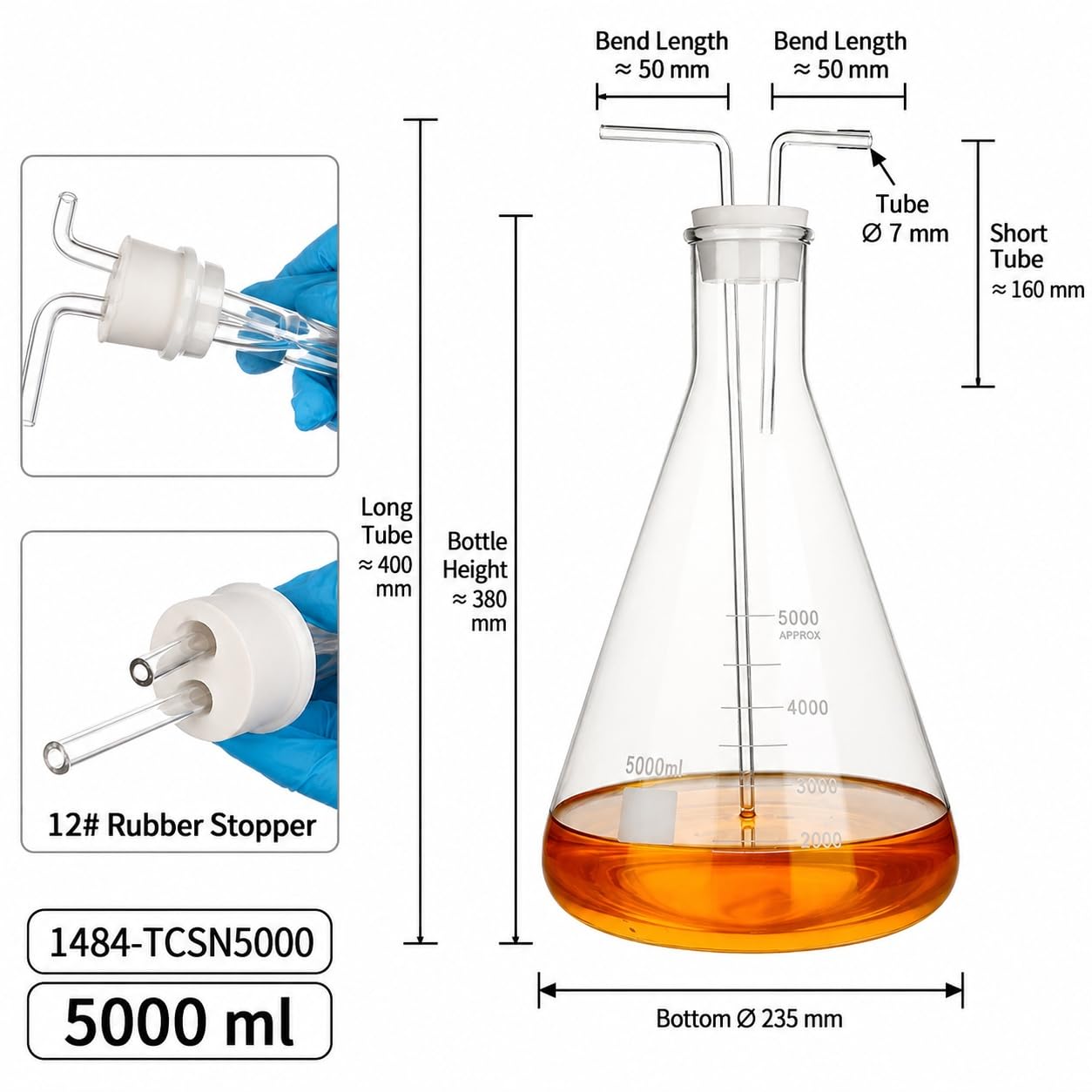Matraz Cónico Graduado Frasco Lavador Gas Vidrio Borosilicato Químico-5000ml