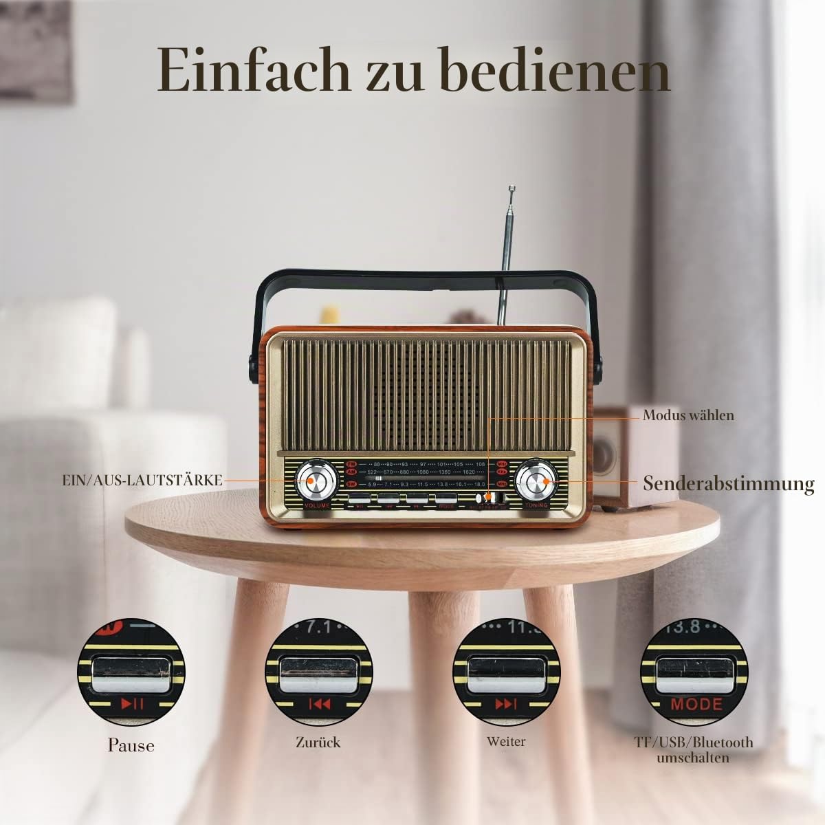 Bluetooth FM AM SW Stereo Radio, Unterstützung USB-Festplatte, USB/TF-Karte, AUX-Steckdose - Musik mit wiederaufladbarem Akku, eingebauter Lautsprecher