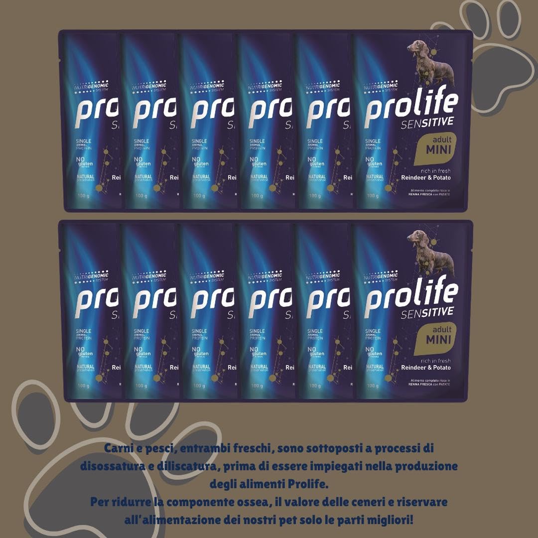 Prolife Umido Cane Sensitive Adult Mini, alimento completo per cani adulti di tutte le taglie, gusto RENNA FRESCA e PATATE 100g | 12 bustine da 100 grammi l'una.