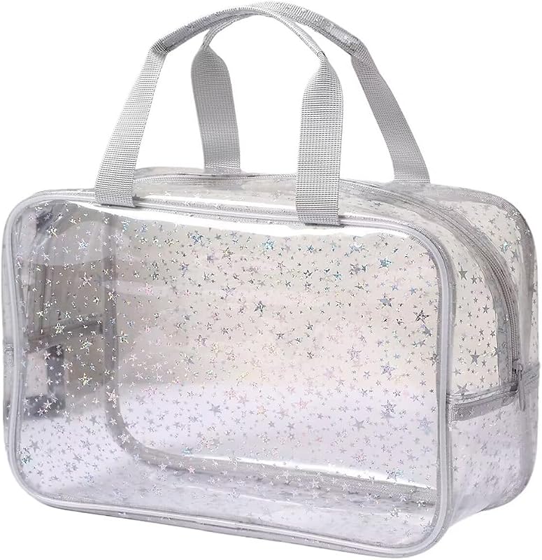 Necessaire transparente SxoSyo com alças, estampa de estrela branca e zíper