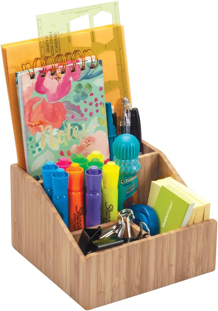 MobileVision Multi-Use Bamboo Office Product Organizer Compact for Desktop, Holds Notepads, Pens, Pencils, Business Cards, Paper Clips, Stationery Supplies & more