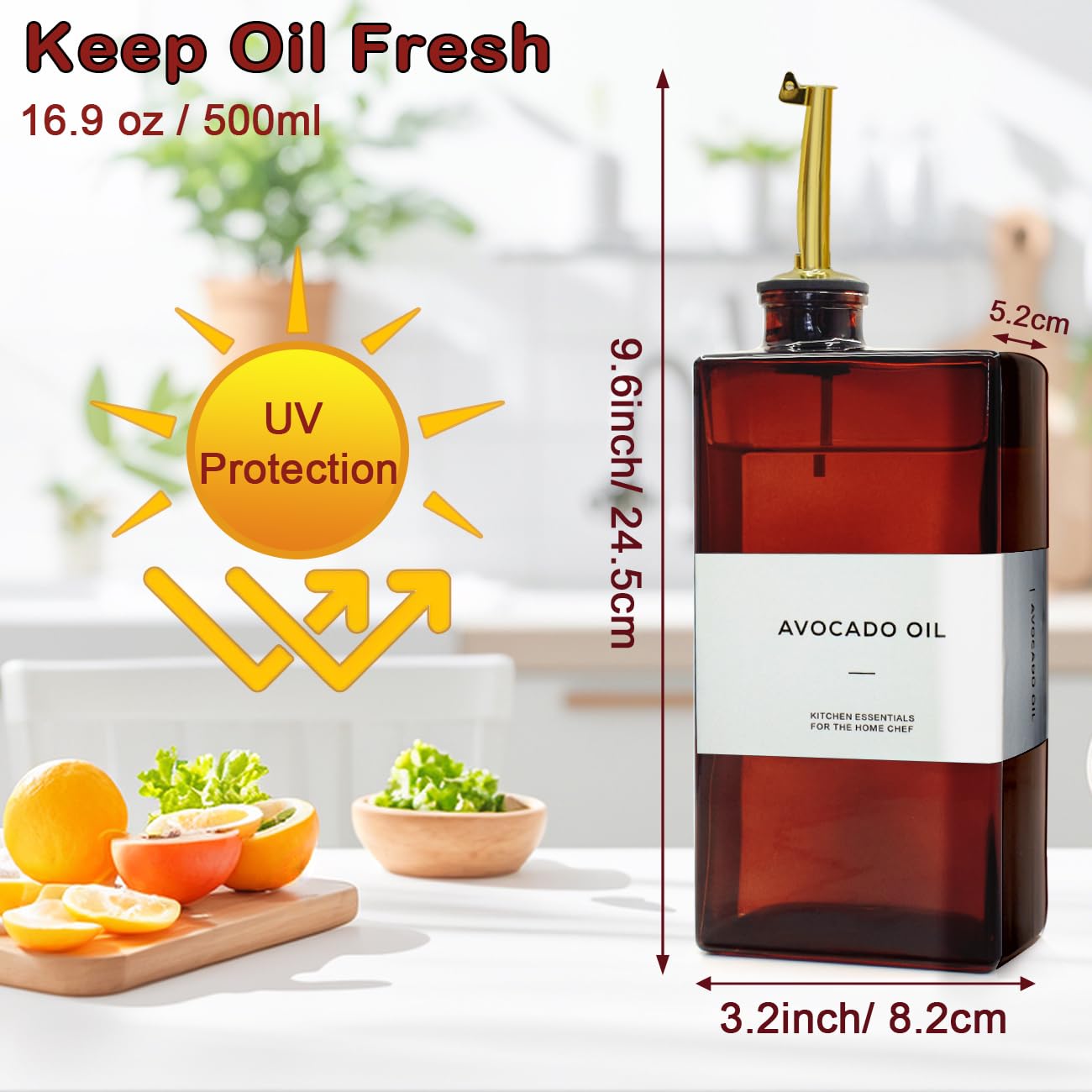 Lot de 2 flacons distributeurs d'huile d'olive pour cuisine – 480 ml en verre marron foncé, protection UV, ensemble distributeur d'huile et de vinaigre, bec verseur anti-goutte, essentiel de