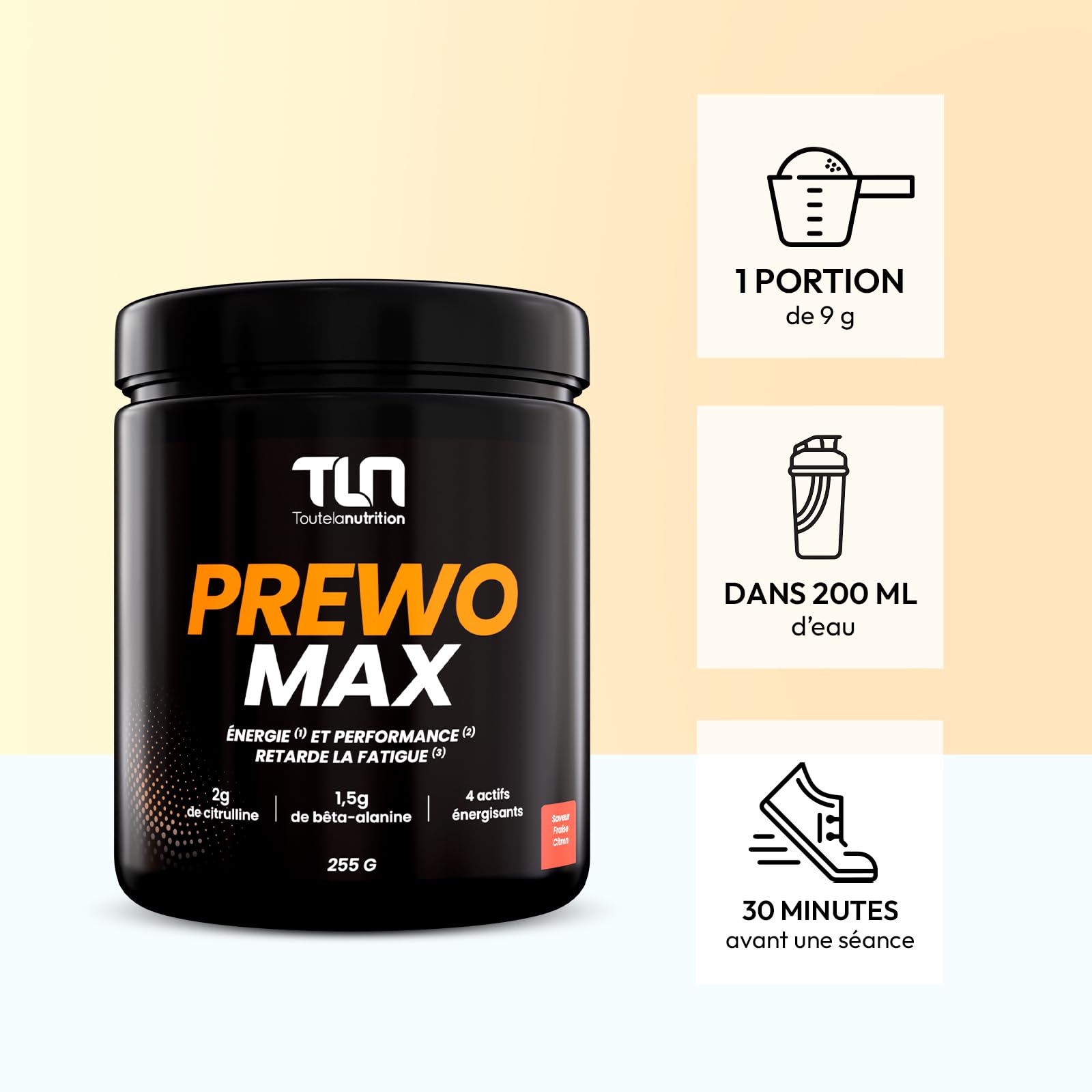 PREWO MAX | Pre-Workout avec Créatine, Caféine, Bêta-Alanine, Citrulline et Arginine | Énergie + Congestion Musculaire | Ginseng, Maca et Guarana | Saveur Fraise Citron | 255g de Poudre Vegan | TLN