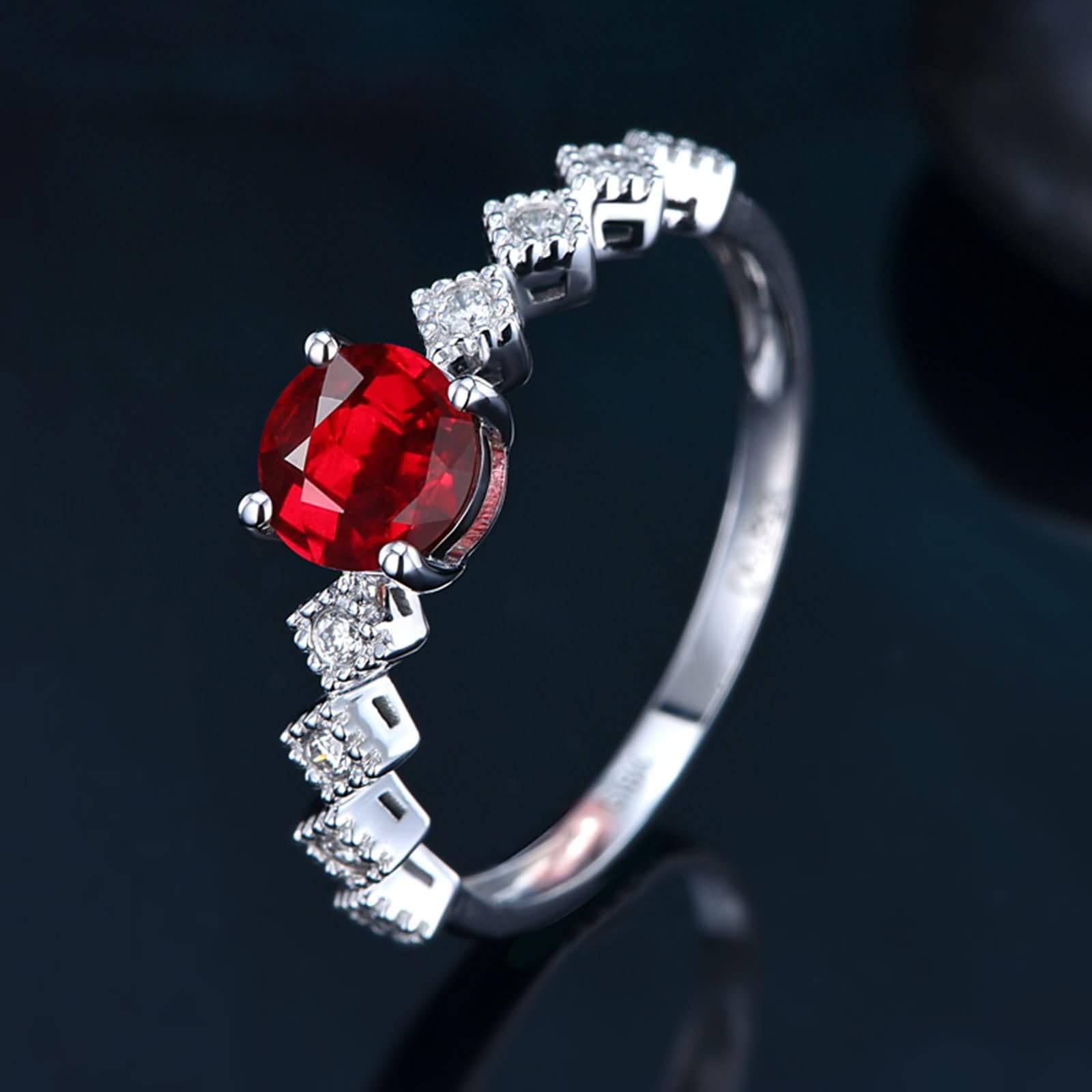 Anillos Alianza Oro Blanco 9 Kilates / 14 Kilates / 18 Kilates de Mujer, Rombo y Redondo con Rubí de 0,5ct y Diamante, Anillos de Alianzas Mujer Plata Rojo