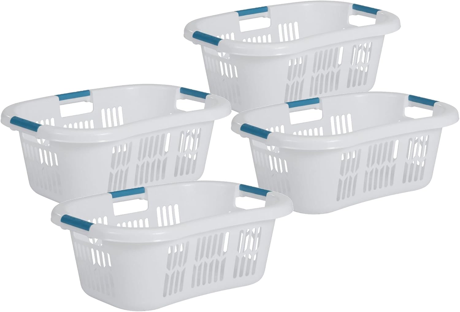 Rubbermaid 4 Pack Small Laundry Basket, 2.1 Bushel Bedroom Hamper, Hip-Hugger Plastic Clothing Bin with Carrying Handles, White Rubbermaid 4 Pack Small Laundry Basket, 2.1 Bushel Bedroom Hamper, Hip-Hugger Plastic Clothing Bin with Carrying Handles, White