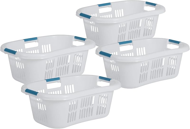 Paquete de 4 cestas pequeñas para la colada, cesto para dormitorio de 2,1 bushel, cesto para ropa de plástico con asas de transporte, color blanco