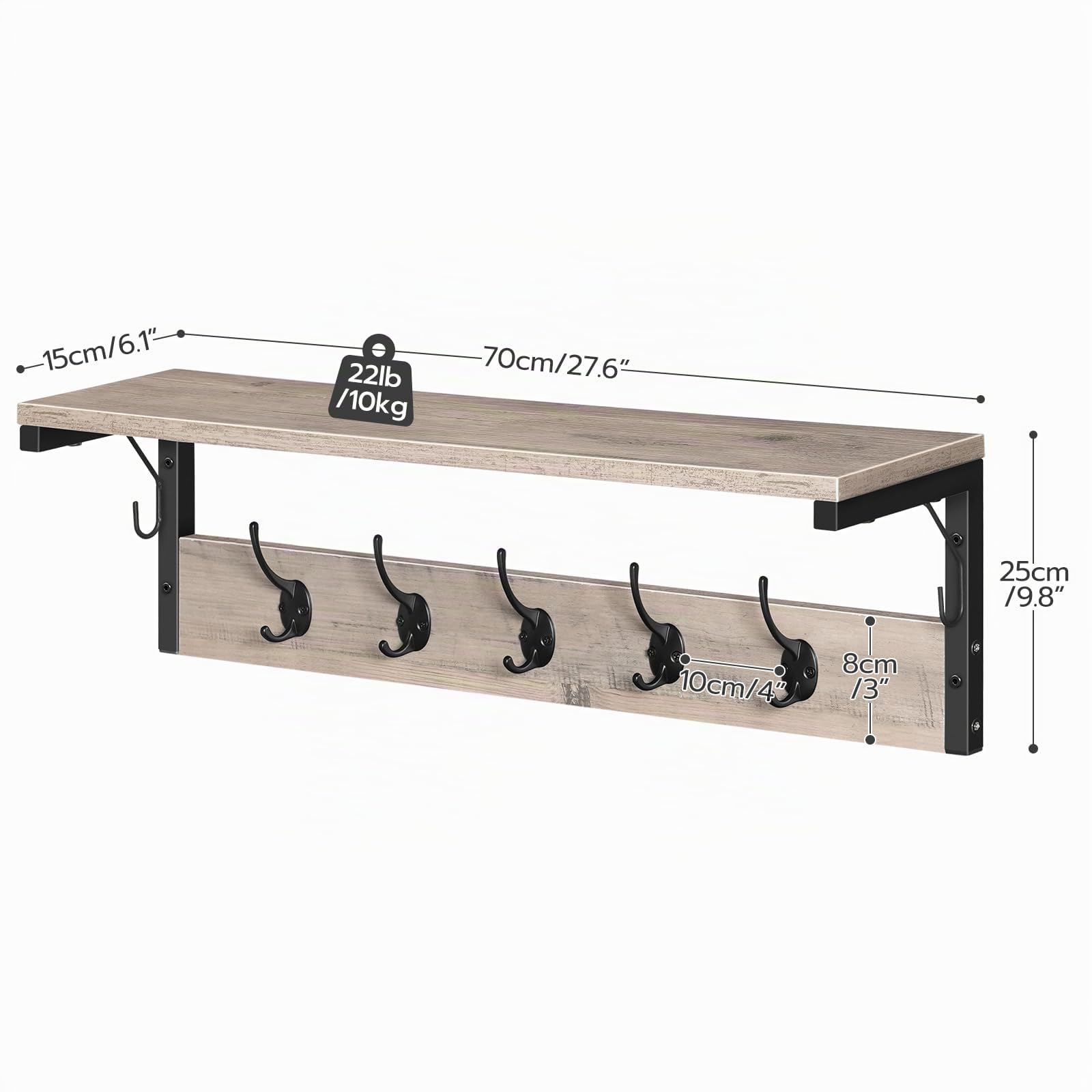 HOOBRO Perchero de Pared, Perchero con 7 Ganchos y Estante, 70 x 15 x 25 cm, para Pasillo, Entrada, Dormitorio, Cocina, Gris y Negro EBG16YM01