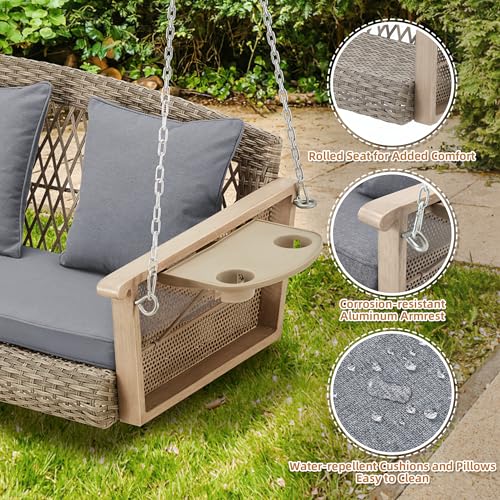 Image of HOMREST 3-Person Wicker Porch Swing with Upgraded Cup Holder, 56 Inch Patio Hanging Swing Bench Chair with Cushions, Outdoor Swing 900lbs Capacity Chains for Deck Garden Backyard (Gray)