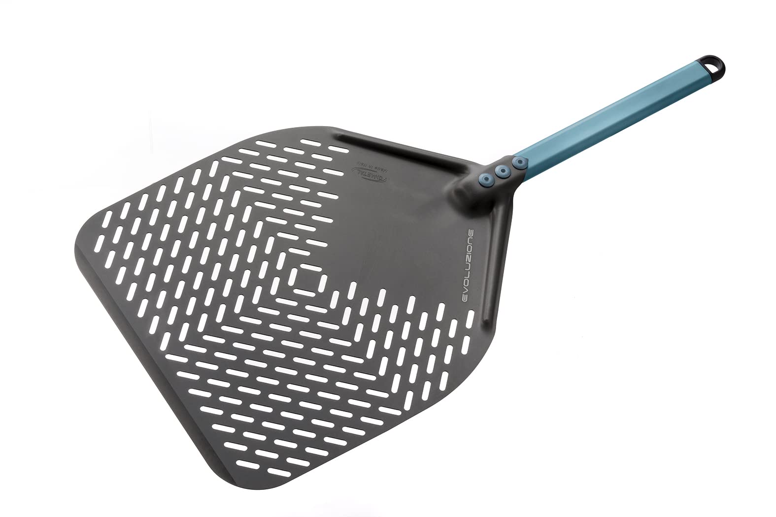 Gi.Metal Pala per Pizza rettangolare asolata (33x33 cm, Manico corto 30 cm) - Alluminio anodizzato in Ossido duro - Linea Evoluzione, alta Resistenza a Calore e Corrosione, Colore Avio