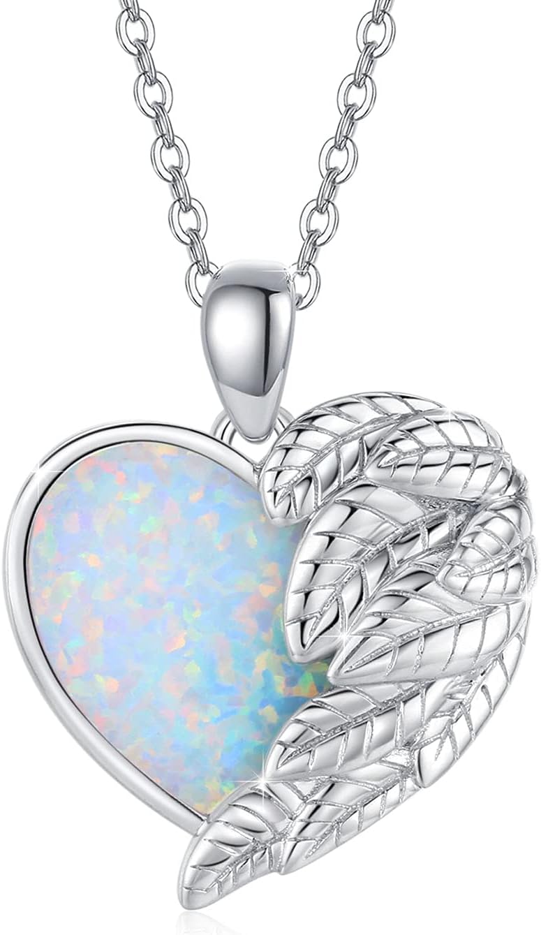 CUOKA MIRACLE Heart Necklace Angel Wing Heart Opal 925 Sterling Silver Women Pendant Guardian Angel Wings Pendant Necklace Dainty Opal Jewelry Birthday Gifts for Mom Women